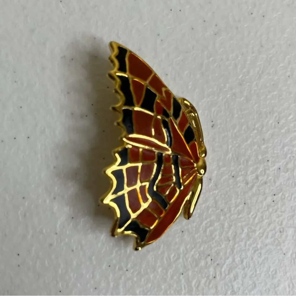 Vintage Orange Black Goldtone Butterfly Brooch Pin Costume Jewelry 1.25